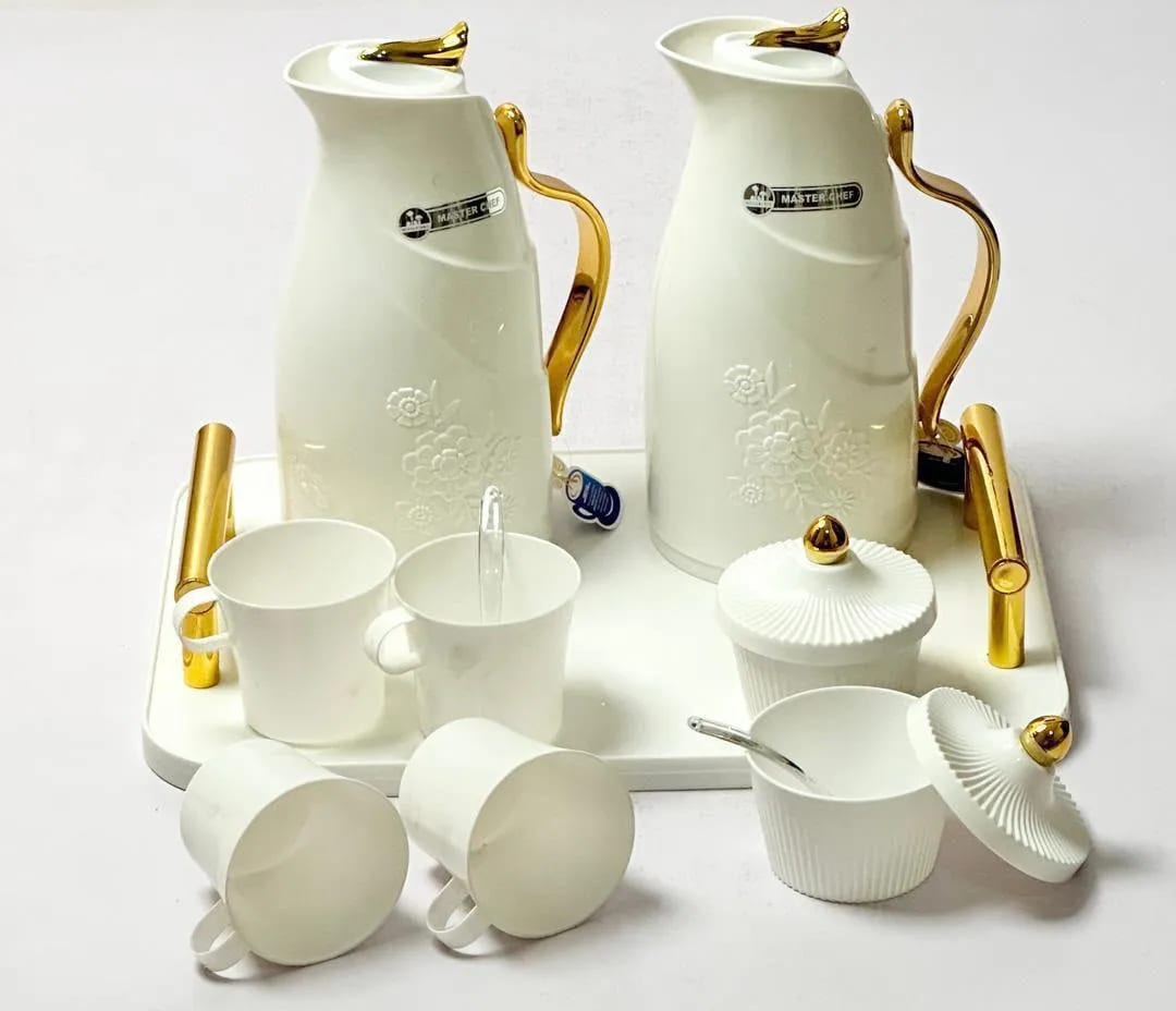 Master Chef Luxury Vacuum Flask & Tea Serving Set with Serving Tray – Pure White & Gold