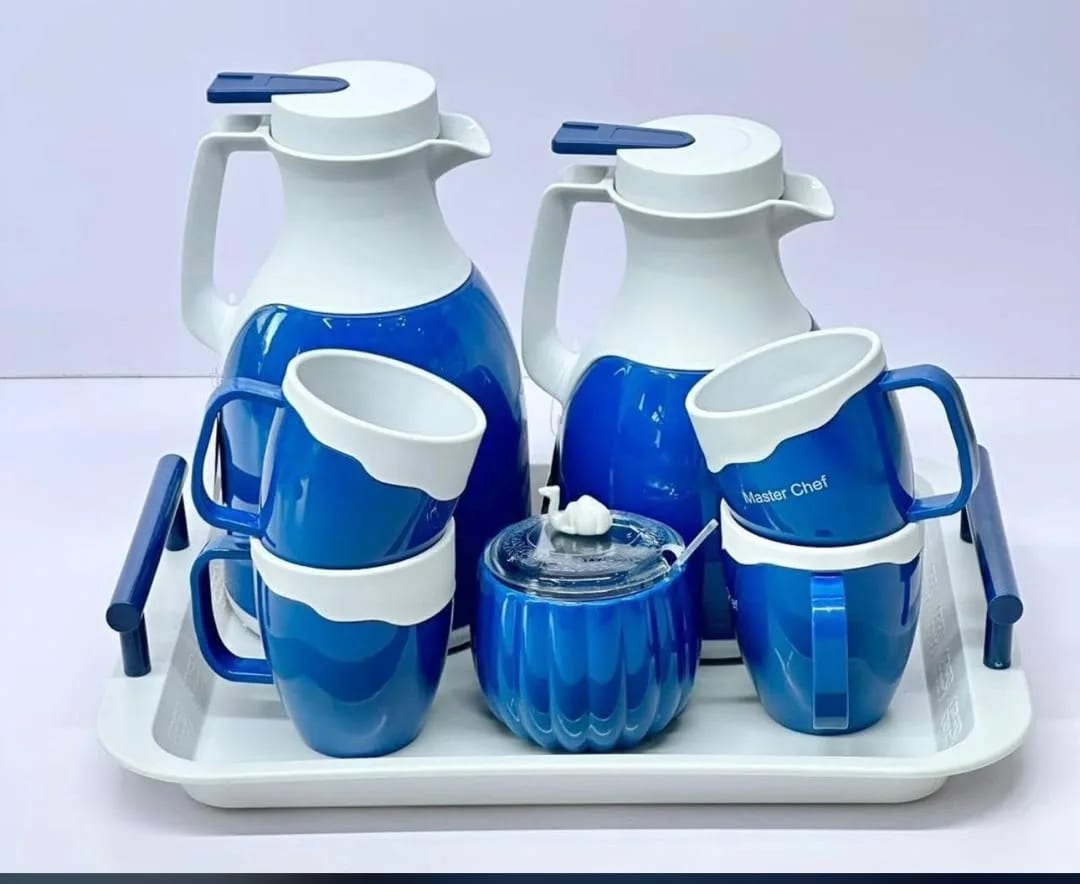 Master Chef 2-Flask Tea & Coffee Serving Set with Mugs, Sugar Bowl & Tray β Royal Blue & White