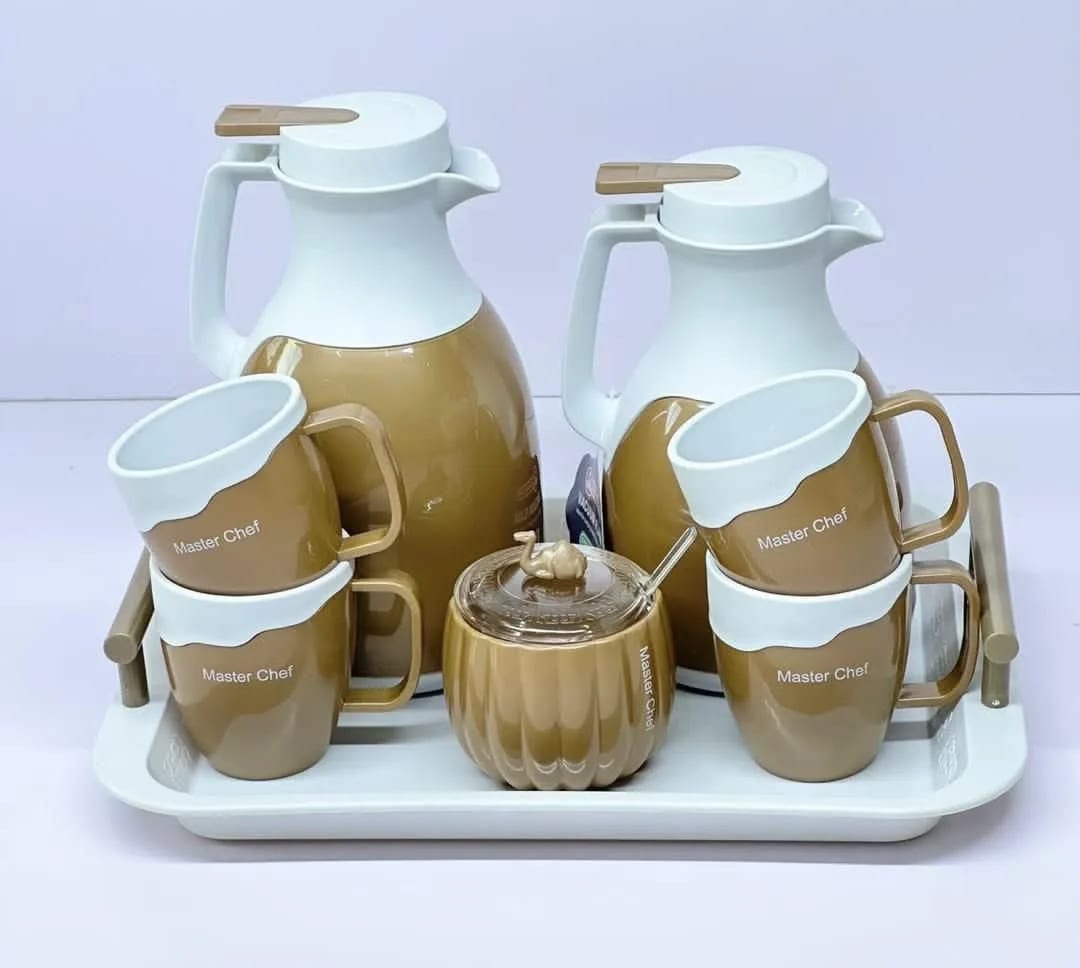 Master Chef 2-Flask Tea & Coffee Serving Set with Mugs, Sugar Bowl & Tray β Khaki & White