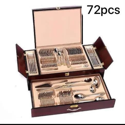 Luxury 72-Piece Stainless Steel Cutlery Set in Wooden Chest Box β Silver & Gold Flatware Service for 12