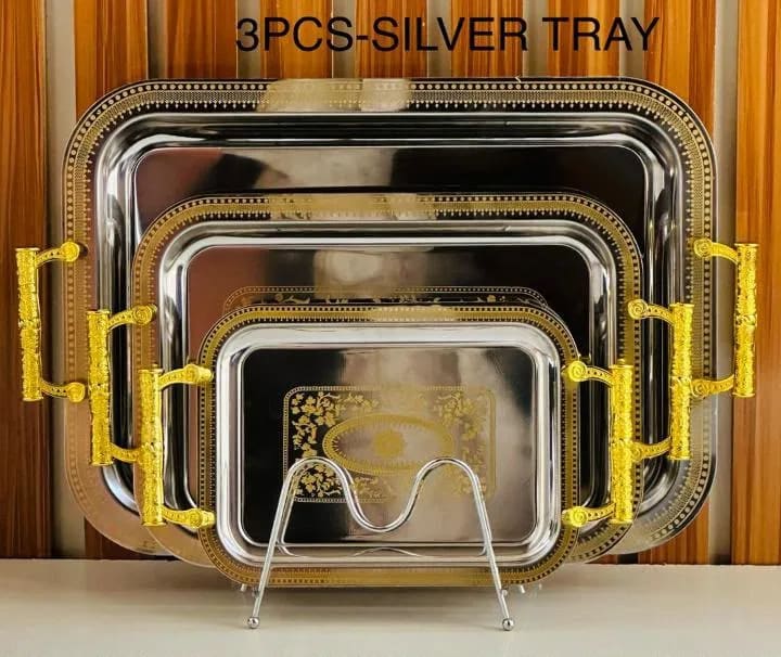Luxury 3-Piece Stainless Steel Serving Tray Set with Handles & Display Stand