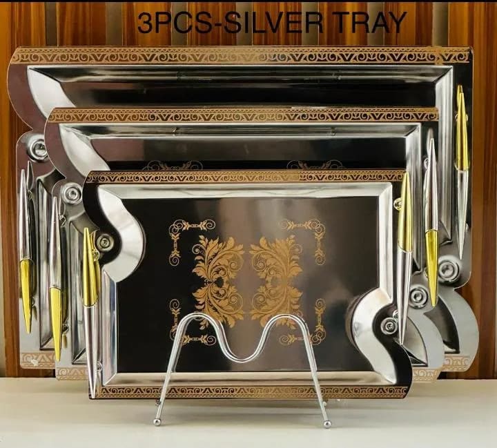 Luxury 3-Piece Stainless Steel Serving Tray Set with Handles & Display Stand