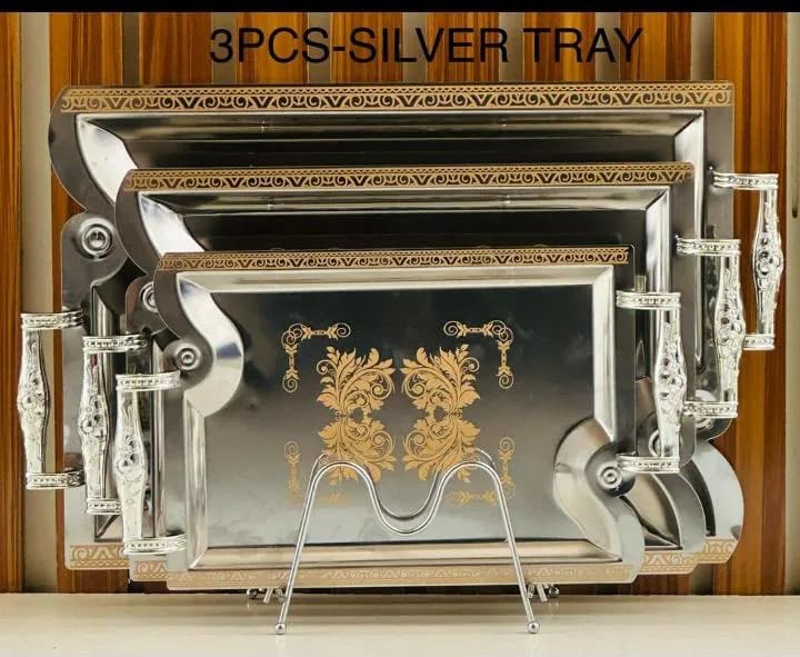 Luxury 3-Piece Stainless Steel Serving Tray Set with Handles & Display Stand