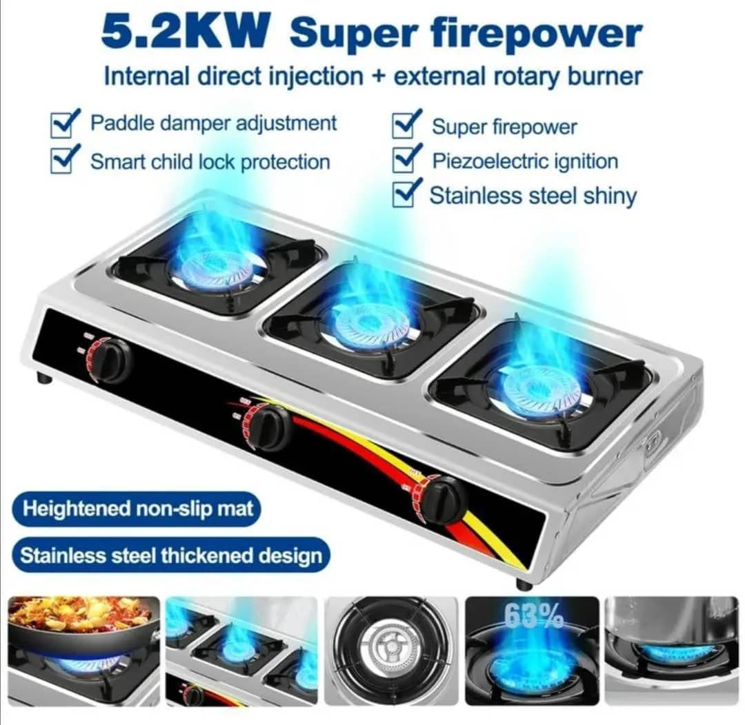 3-Burner Stainless Steel Tabletop Gas Cooker – 5.2KW Super Firepower Gas Stove