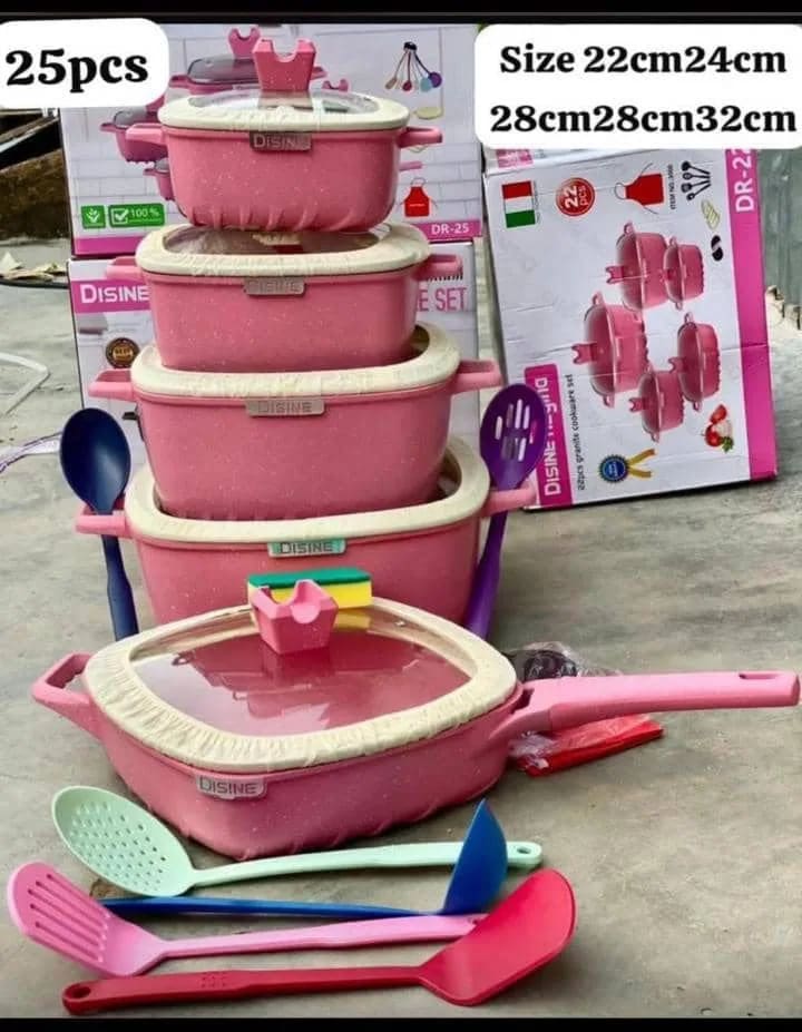 DISINE 25-Piece Square Non-Stick Granite Cookware Set β Pink Die-Cast Casserole Pots & Frying Pan