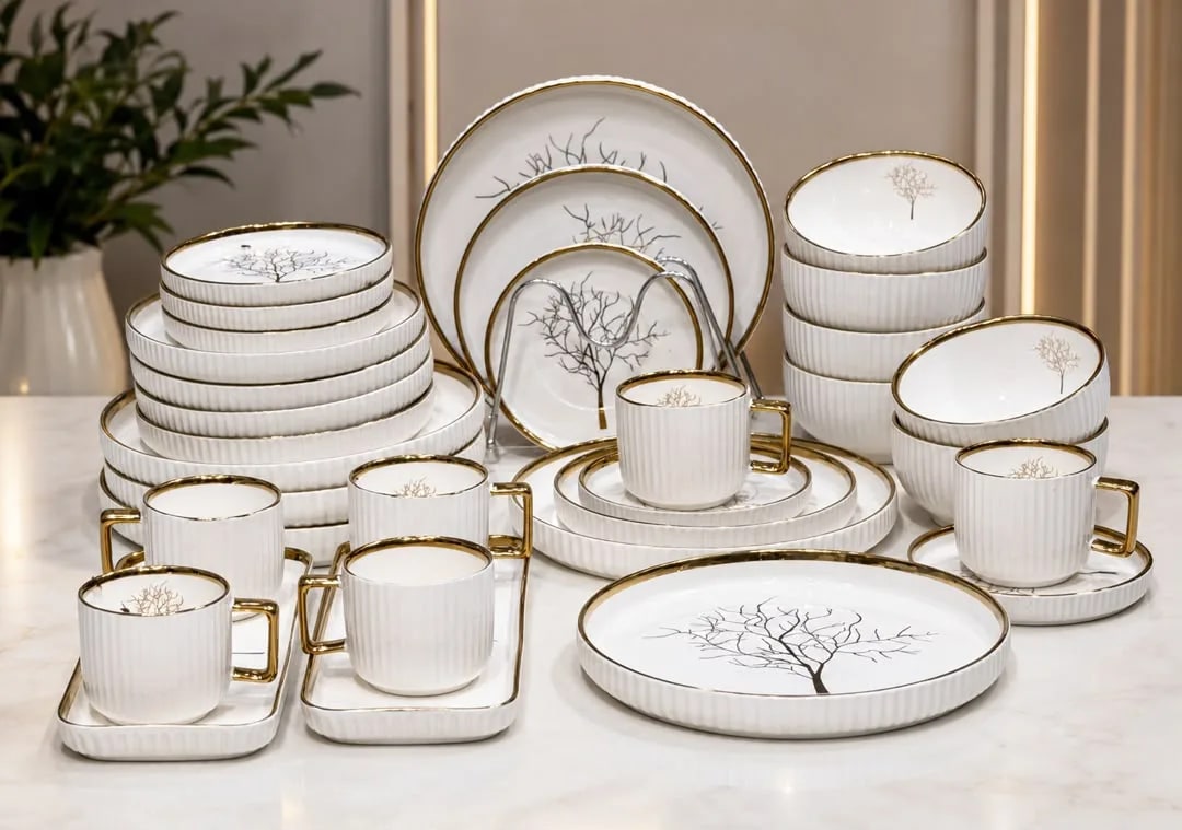 Nordic Luxury Ceramic Dinnerware Set with Gold Rim β Fluted Porcelain Tableware & Coffee Service