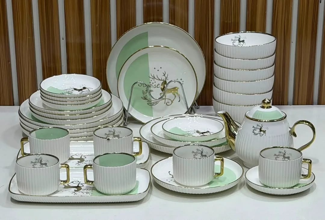 Nordic Luxury Ceramic Dinnerware & Tea Set with Gold Rim – Mint Green Forest Deer Porcelain Tableware