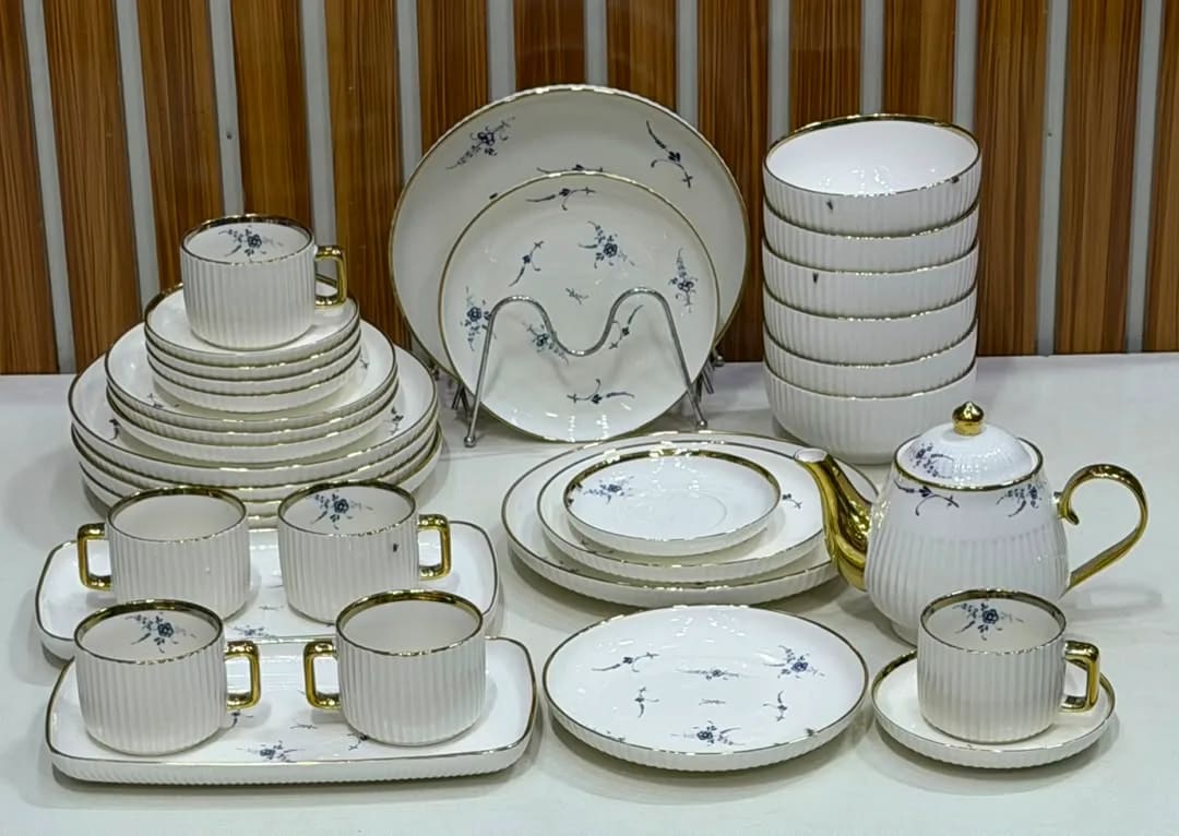 Nordic Luxury Ceramic Dinnerware & Tea Set with Gold Rim – Porcelain Tableware