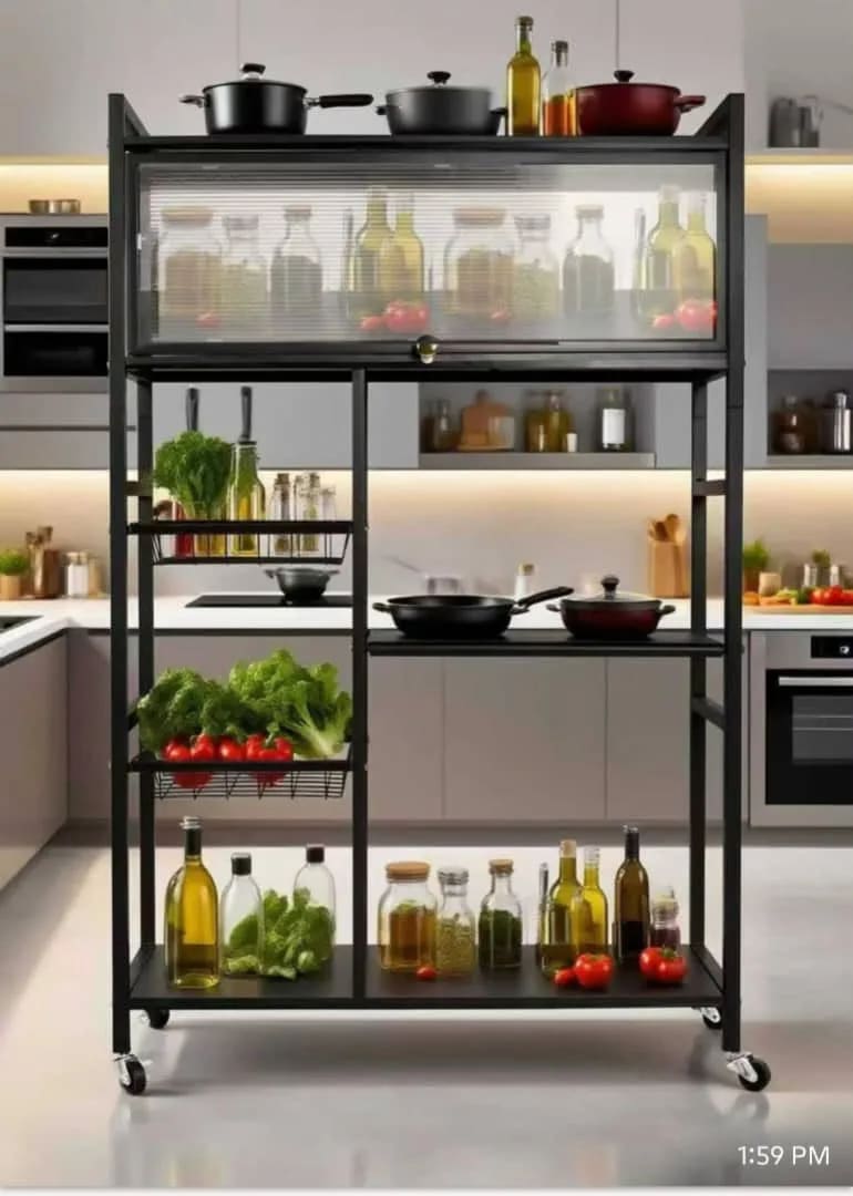 Multi-Tier Kitchen Baker’s Rack with Dust-Proof Fluted Cabinet & Rolling Wheels – Multi-Function Pantry Organizer