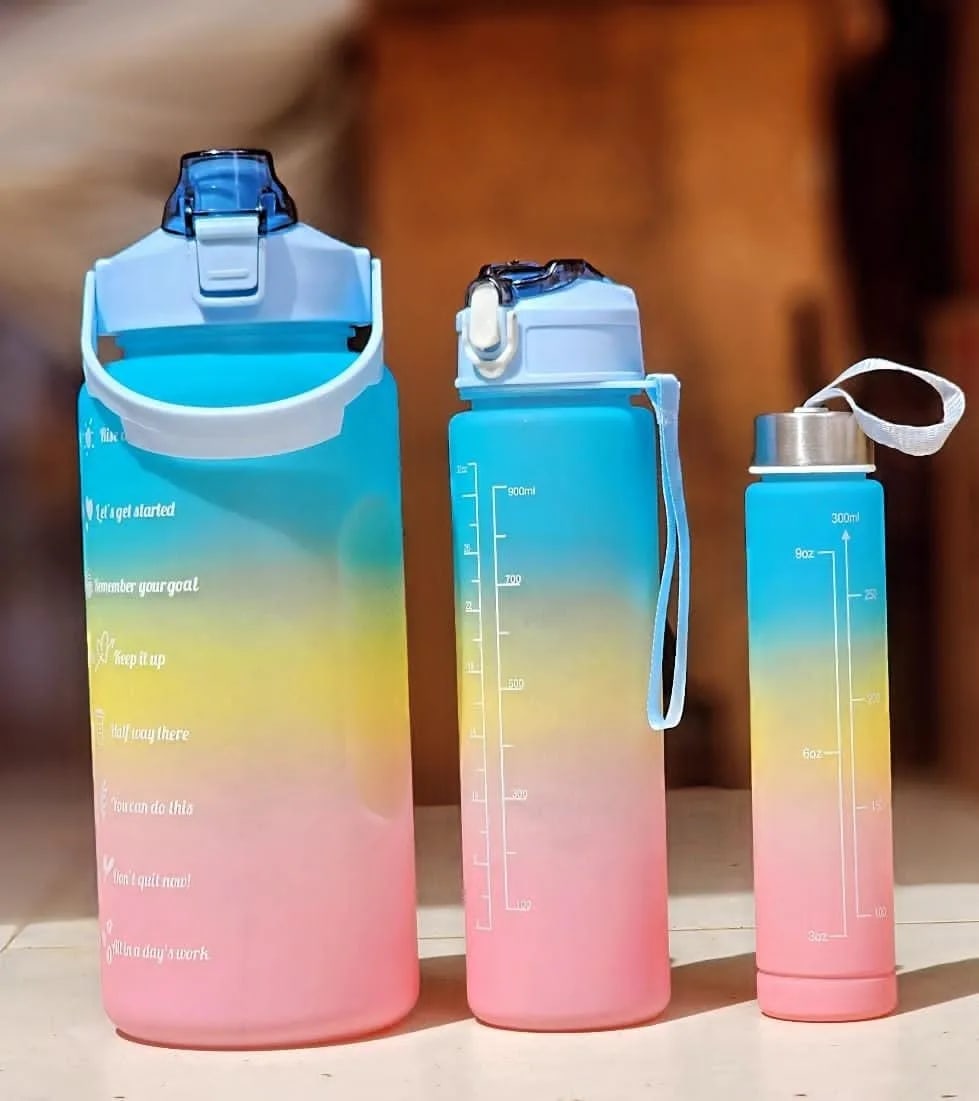 3-in-1 Motivational Gradient Water Bottle Set with Time Markers β Leakproof Sports & Fitness Jugs (2L, 900ml, 300ml)