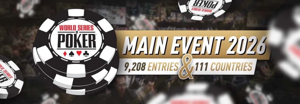 SOP Main Event 2026 hero graphic showing 9,208 entries and 111 countries with the World Series of Poker chip logo