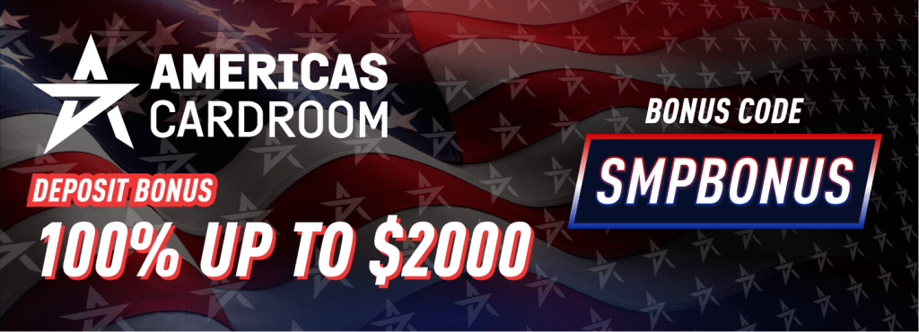 Americas Cardroom (ACR Poker) bonus image showing a 100% deposit match up to $2,000 for US crypto poker players, redeemable with code SMPBONUS.