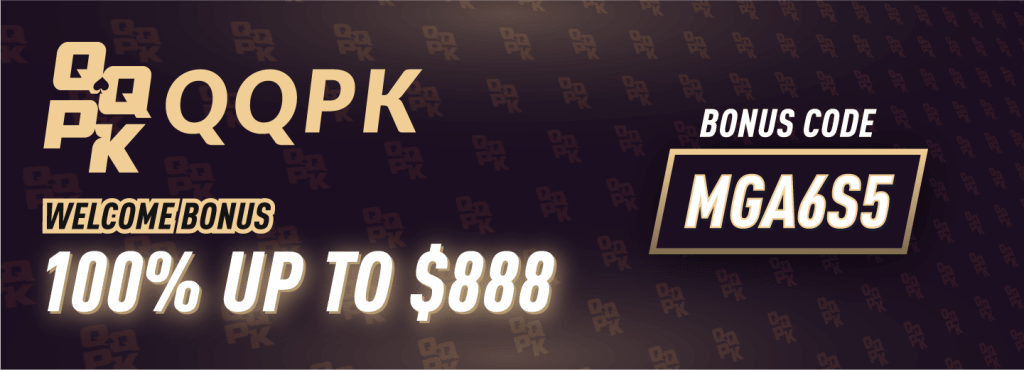 QQPoker (QQPK) Asian market welcome bonus banner showing a 100% match up to $888 for new crypto players.