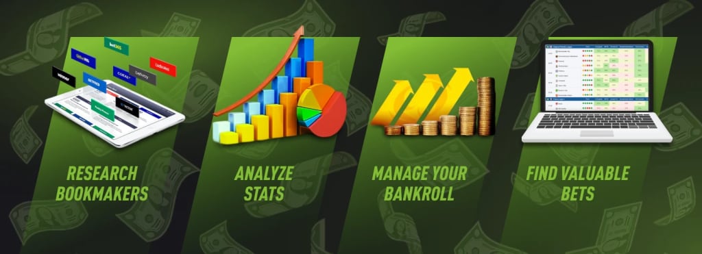 Four key sports betting strategy steps - research bookmakers, analyze stats, manage bankroll, find value bets