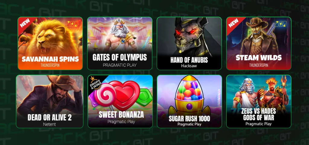 Jackbit crypto casino games including 5,900+ slots, instant win games, live casino, and sportsbook betting.