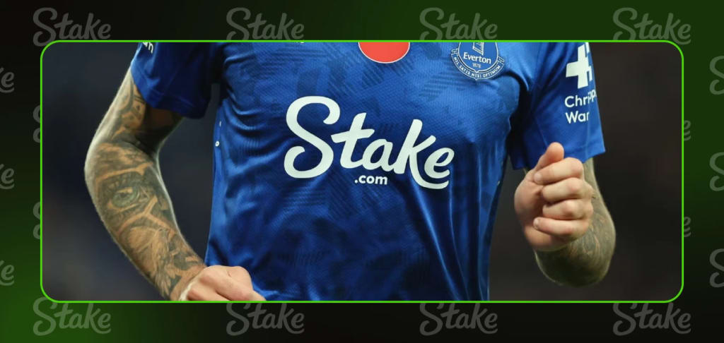 Everton football shirt featuring Stake as front-of-shirt sponsor