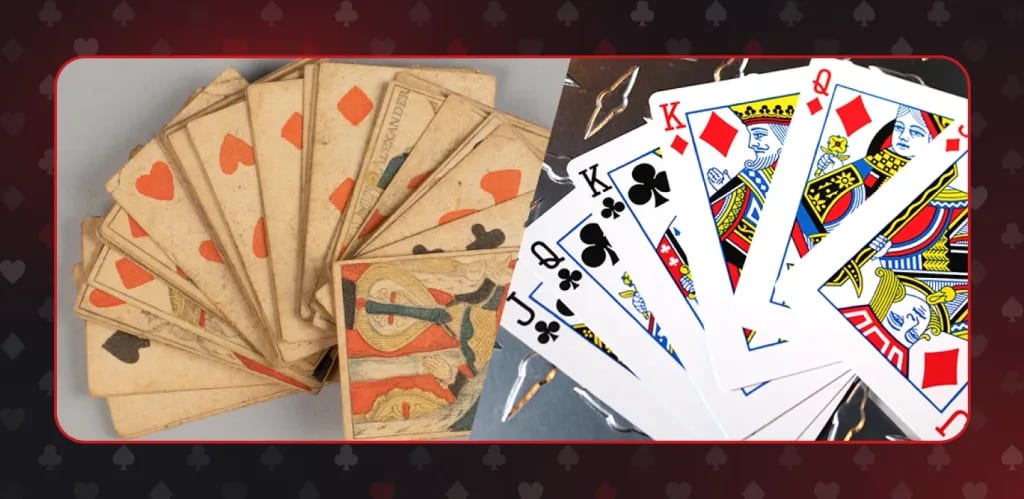 Comparison of 19th century playing cards and modern playing cards showing changes in design and printing