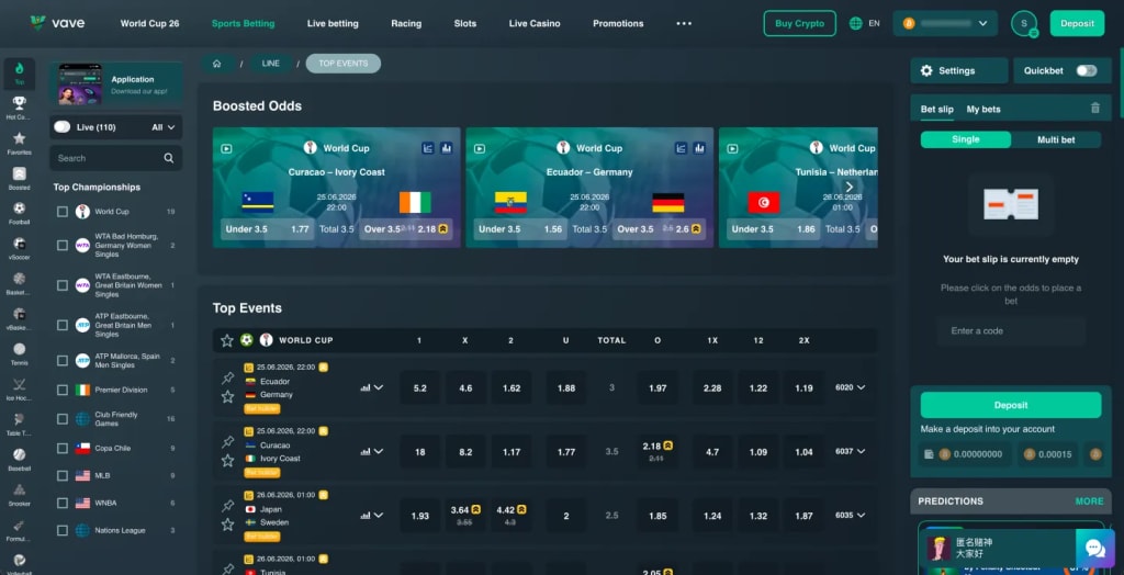 Vave Casino sportsbook lobby with crypto betting markets across 30+ sports