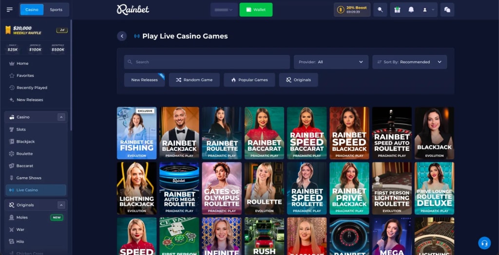 Rainbet live dealer blackjack, roulette and baccarat tables powered by Evolution, Pragmatic Play