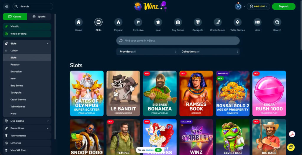 Winz Casino game lobby 2026 - 6,000+ slots, live casino, crash games and sportsbook