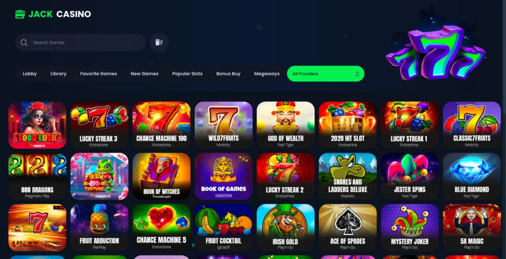 Jack Casino game lobby showing slots from Pragmatic Play, Endorphina and Play'n GO