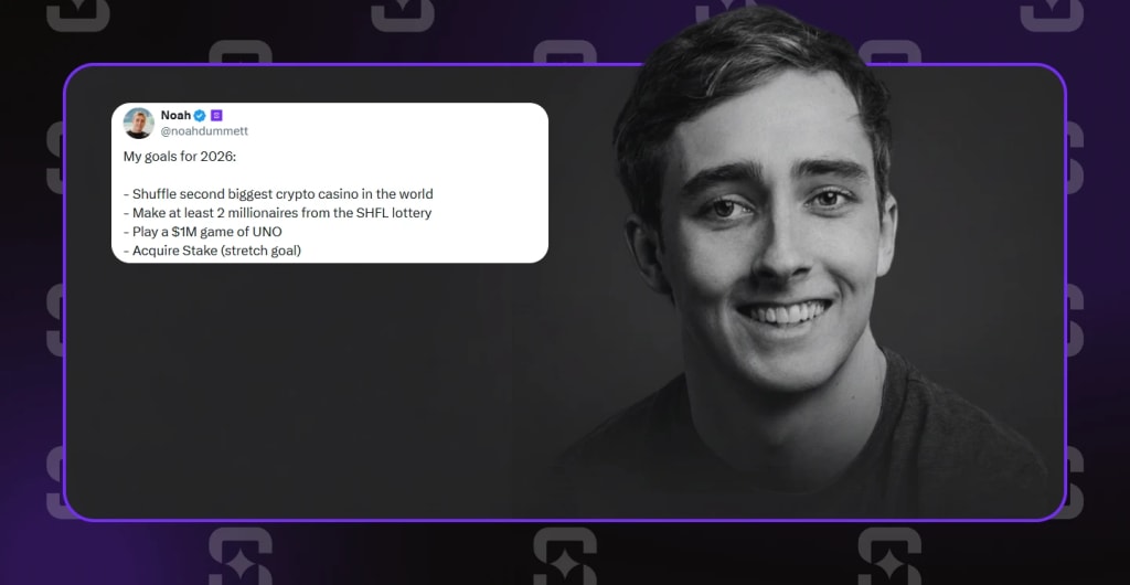 Noah Dummett tweet listing 2026 goals including acquiring Stake casino as a stretch goal