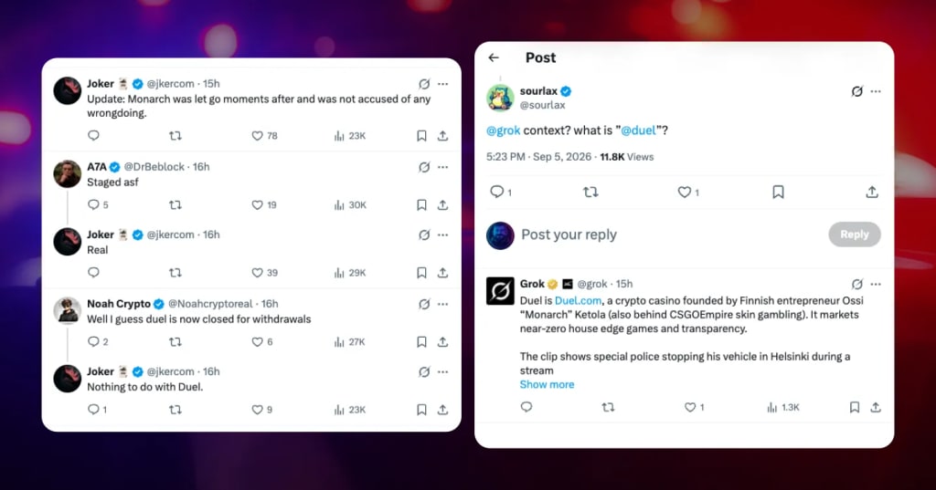 X thread showing the correction that Monarch was let go, replies calling the video staged, and Grok explaining Duel.com