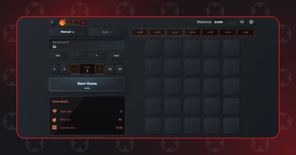 Mines casino game by Spribe - grid-based crash game with adjustable risk