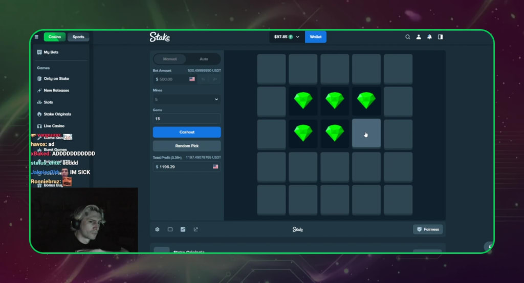 xQc playing the crash game on Stake casino as the multiplier climbs