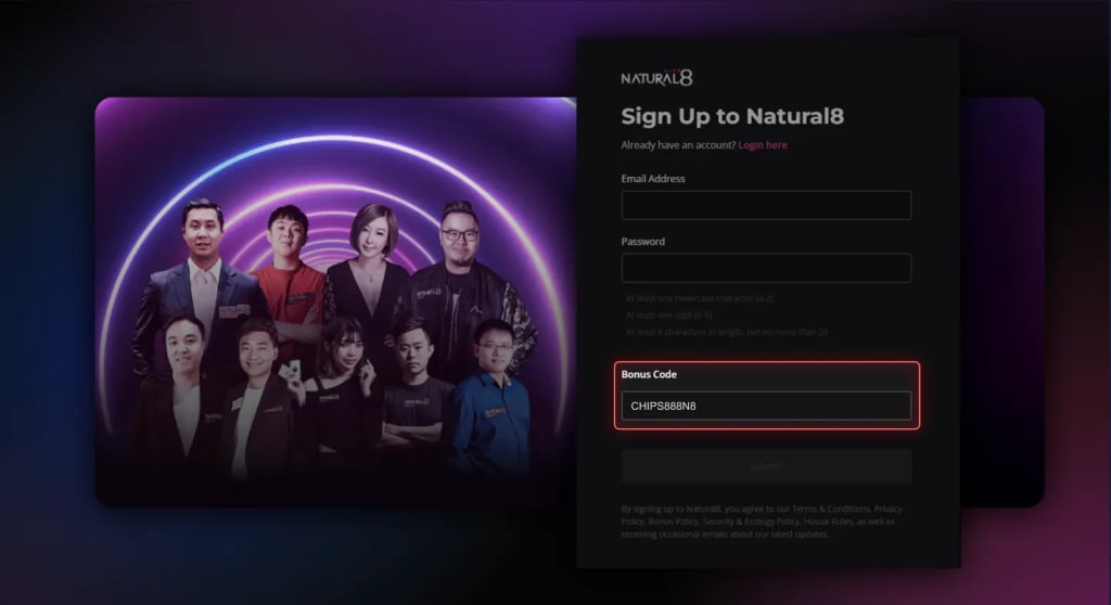 Natural8 Bonus Code CHIPS888N8 - Sign Up