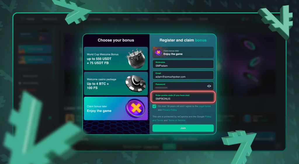 Entering the Vave Casino bonus code SMPBONUS on the registration form