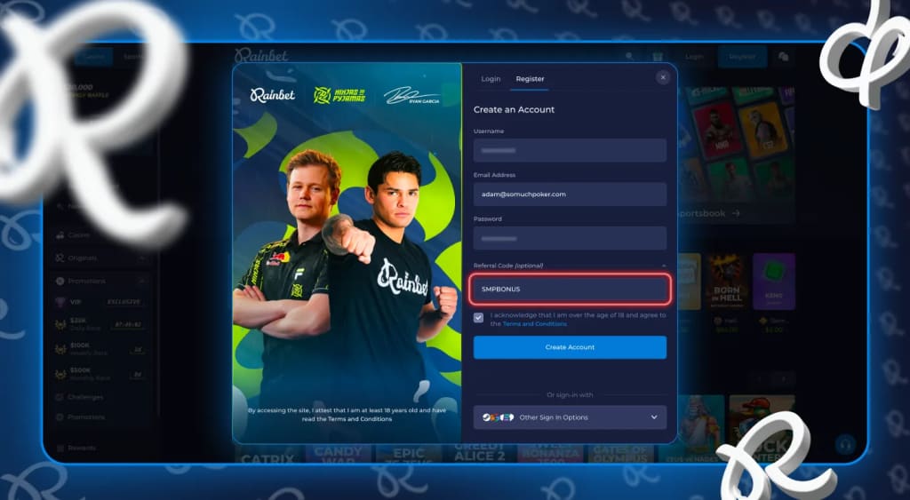 Opting into the Rainbet welcome bonus with promo code SMPBONU