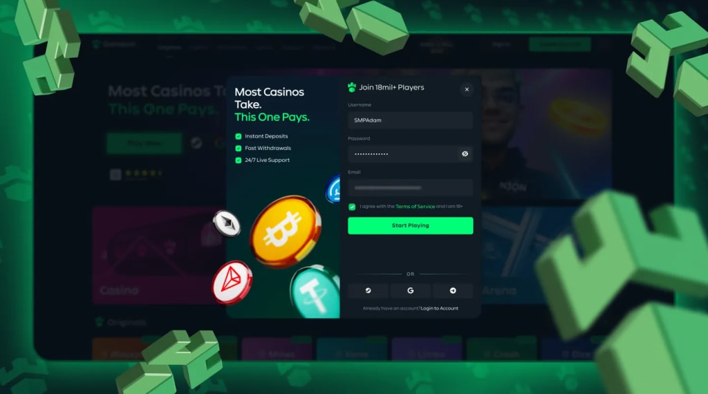 Gamdom sign up page - register and enter promo code SMPBONUS to claim 50 free spins