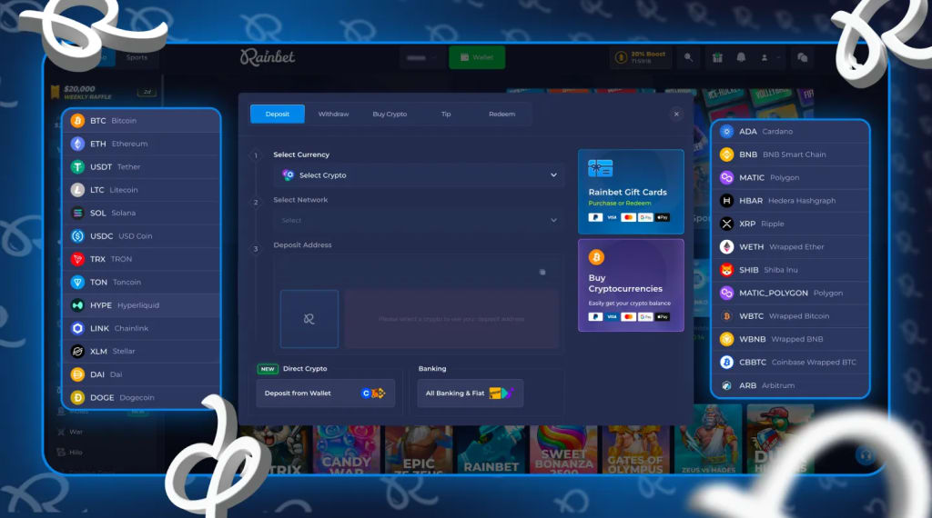 Rainbet crypto deposits and withdrawals processed in 5 to 15 minutes with a $15 minimum