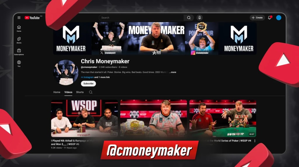 Chris Moneymaker YouTube channel page showing his poker vlog episodes