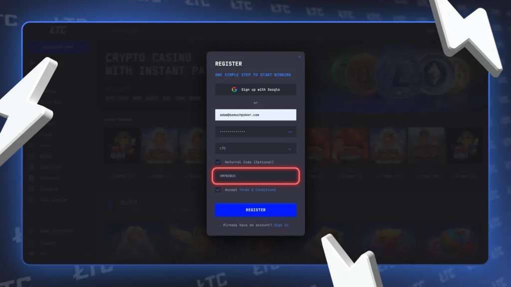Enter LTC Casino promo code SMPBONUS at sign-up