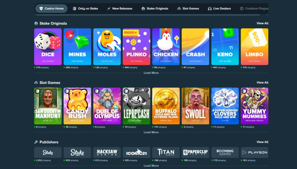 Stake US - Stake Originals games, including Plinko, Crash, Mines, Dice, Limbo, and Moles