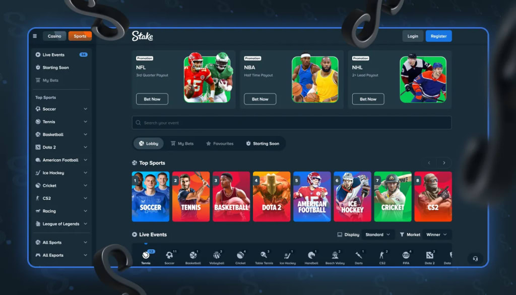 Stake Casino desktop website showing the full platform interface with casino, sportsbook and navigation