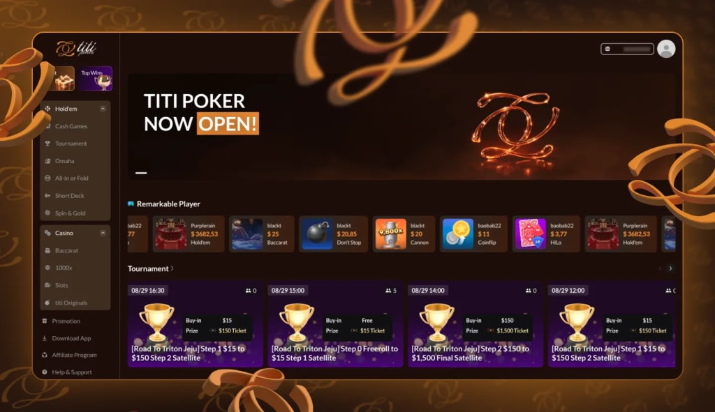 Titi Poker Lobby showing tournaments