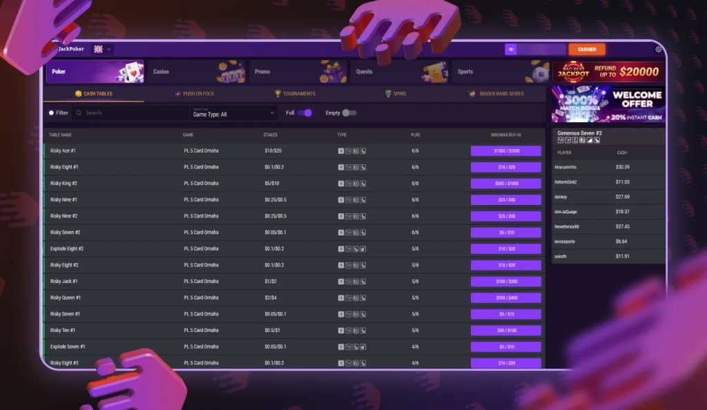 JackPoker Cash Game Lobby PLO5 - JackPoker Review