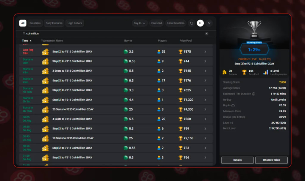 GOPC - CoinPoker lobby showing Step satellites to the $215 CoinMillion 2DAY tournament with buy-ins from $0.30