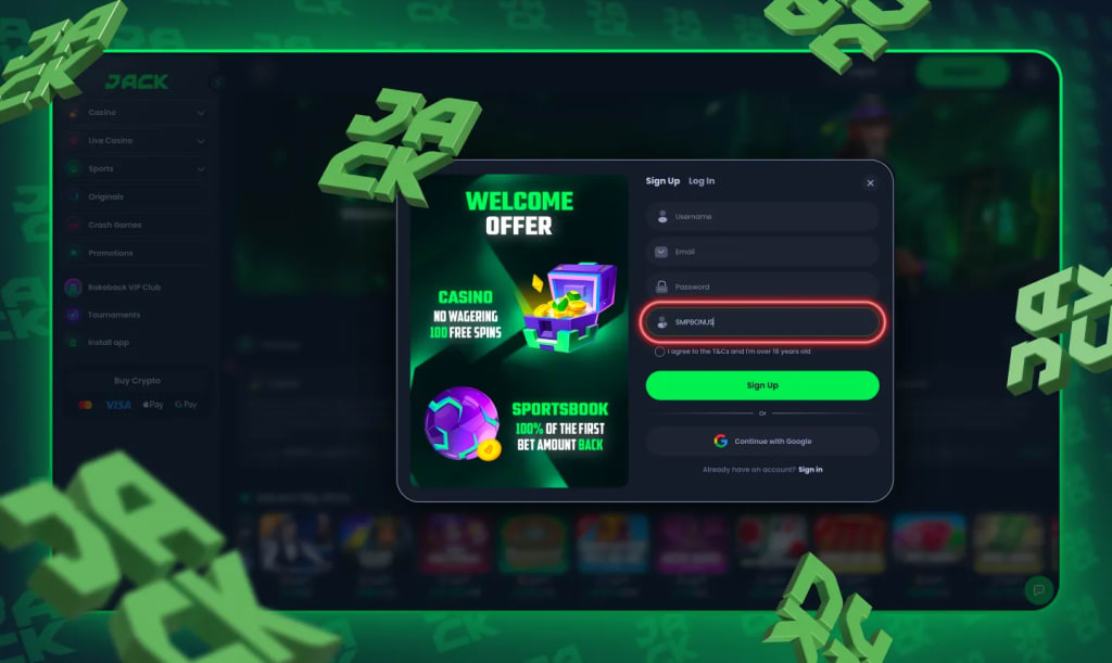 Jack Casino sign up form with promo code SMPBONUS entered in referral code field