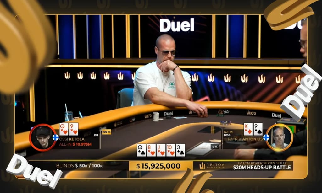 Ossi Ketola shoves $10.975 million with a straight flush as Patrik Antonius folds a straightKetola Straight Flush vs Antonius