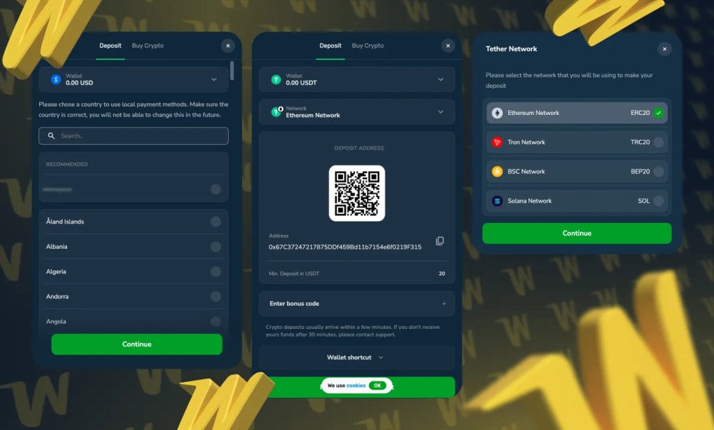 Winz Casino payment methods 2026 - BTC ETH USDT and 12 cryptocurrencies accepted