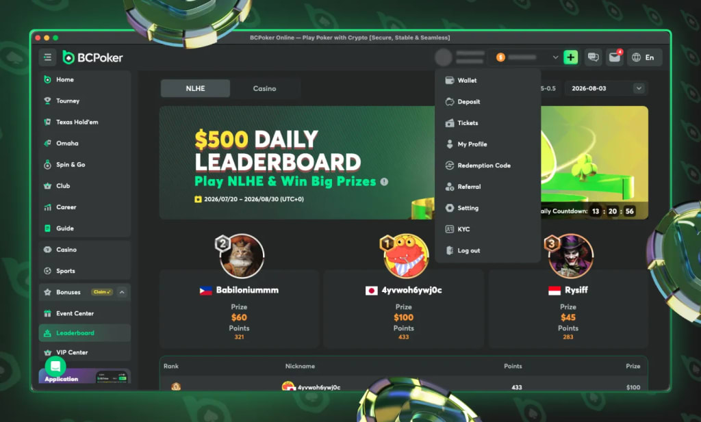 BCPoker lobby showing the account dropdown menu with Wallet, Deposit, KYC, and Referral options