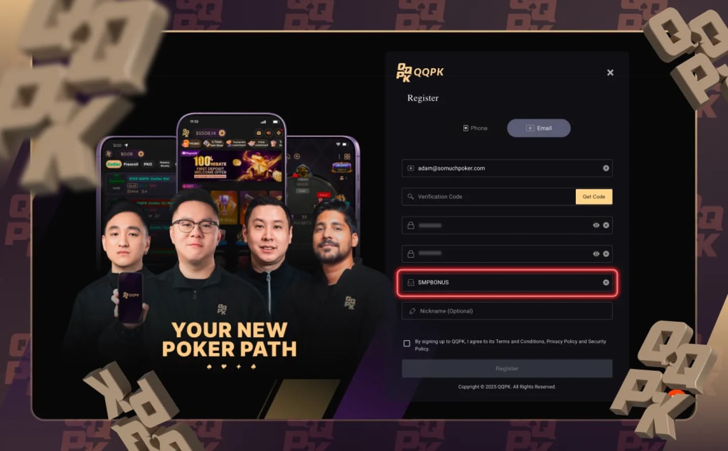 Entering QQPK invite code SMPBONUS on the registration form