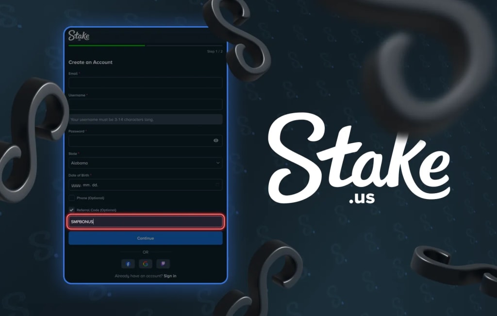 Stake.US registration page promo code field with SMPBONUS entered