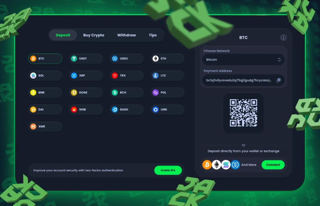 Jack Casino crypto payments - instant BTC, ETH and USDT deposits and withdrawals