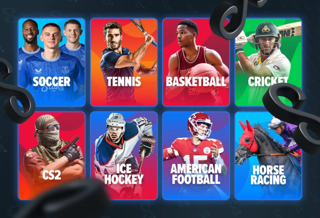 Stake Casino sportsbook showing sports betting markets across football, cricket, basketball, MMA and esports