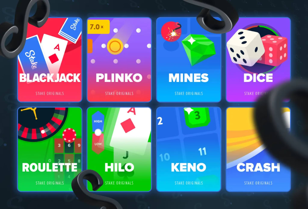Stake Originals game selection including Crash, Mines, Plinko, Dice, Limbo and other provably fair games